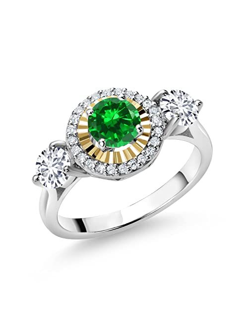 Gem Stone King 1.50 Ct Green Created Emerald G-H Lab Grown Diamond 925 Silver and 10K Yellow Gold Lab Grown Diamond 3 Stone Women Engagement Ring