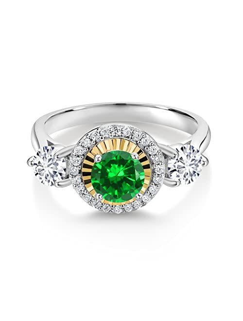 Gem Stone King 1.50 Ct Green Created Emerald G-H Lab Grown Diamond 925 Silver and 10K Yellow Gold Lab Grown Diamond 3 Stone Women Engagement Ring