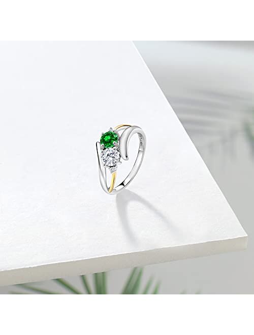 Gem Stone King 1.36 Ct Green Created Emerald 925 Silver and 10K Yellow Gold Lab Grown Diamond 2 Stone Crossover Ring