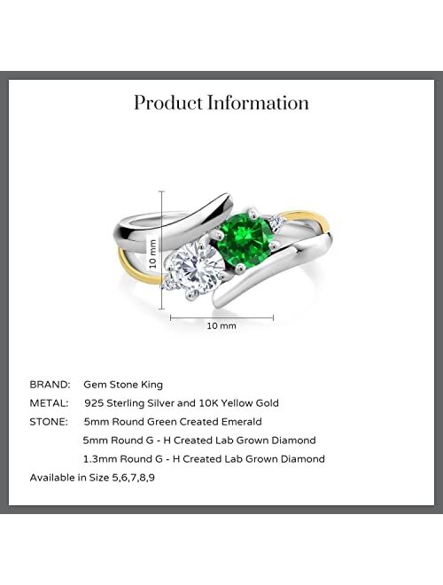 Gem Stone King 1.36 Ct Green Created Emerald 925 Silver and 10K Yellow Gold Lab Grown Diamond 2 Stone Crossover Ring