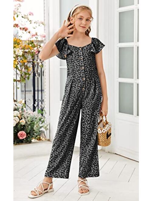 KIMMTA Girls Summer Floral Printed Rompers Ruffle Short Sleeve Wide Leg Jumpsuits with Button