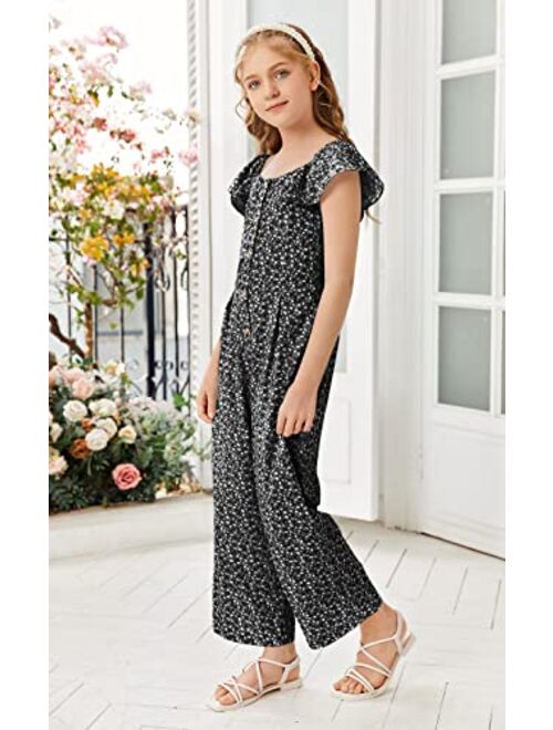 KIMMTA Girls Summer Floral Printed Rompers Ruffle Short Sleeve Wide Leg Jumpsuits with Button