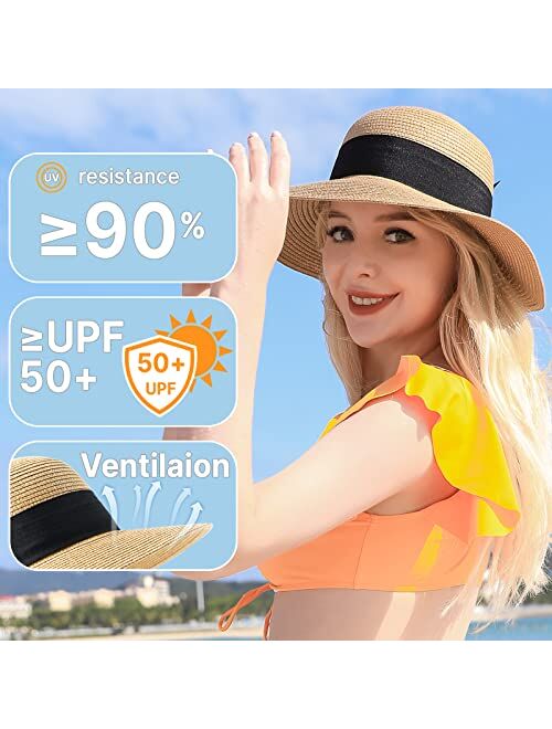 Pleneal Beach Hats for Women, Wide Brim Sun Straw Hat for Women UPF 50+ UV Sun Protection Sun Hat Foldable Roll up Cap