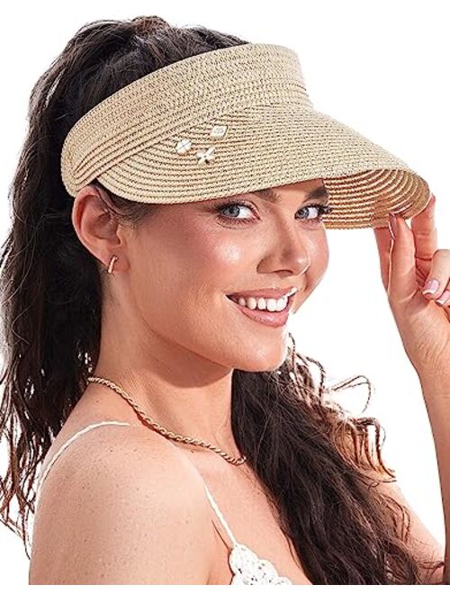 Golden Star Beauty Straw Visor Hats for Women - Foldable Womens Beach Sun Hat Wide Brim Roll Up Visors Summer Ponytail Packable Travel Sunhat