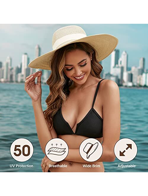 Fz Fantastic Zone Womens Sun Straw Hat Floppy Foldable Roll up Cap Wide Brim Summer Beach Hats for Women UV UPF 50
