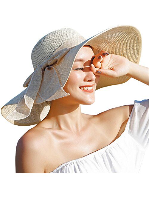 Lanzom Womens 5.5 Inches Big Bowknot Straw Hat Large Floppy Foldable Roll up Beach Cap Sun Hat UPF 50+
