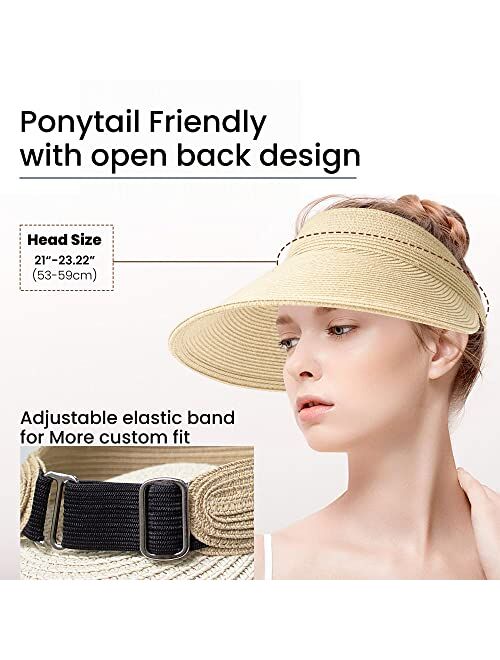 Roniky Women Straw Sun Visor Hat Wide Brim Summer UV Protection Ponytail Visor Beach Cap Foldable Packable UPF 50+