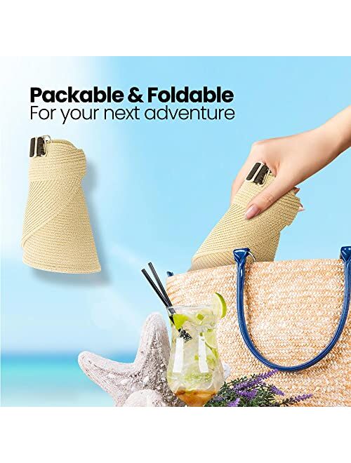 Roniky Women Straw Sun Visor Hat Wide Brim Summer UV Protection Ponytail Visor Beach Cap Foldable Packable UPF 50+