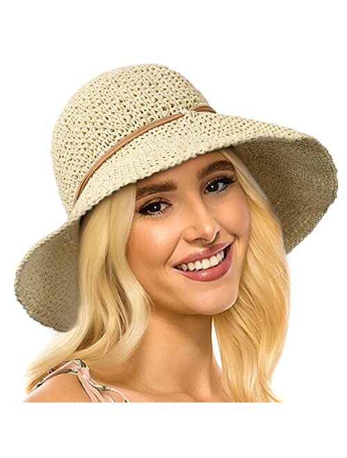 Lvaiz Women's Foldable Straw Sun Hat Wide Brim UPF 50+ Crochet Summer Floppy Beach Hat