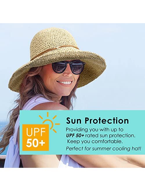 Lvaiz Women's Foldable Straw Sun Hat Wide Brim UPF 50+ Crochet Summer Floppy Beach Hat