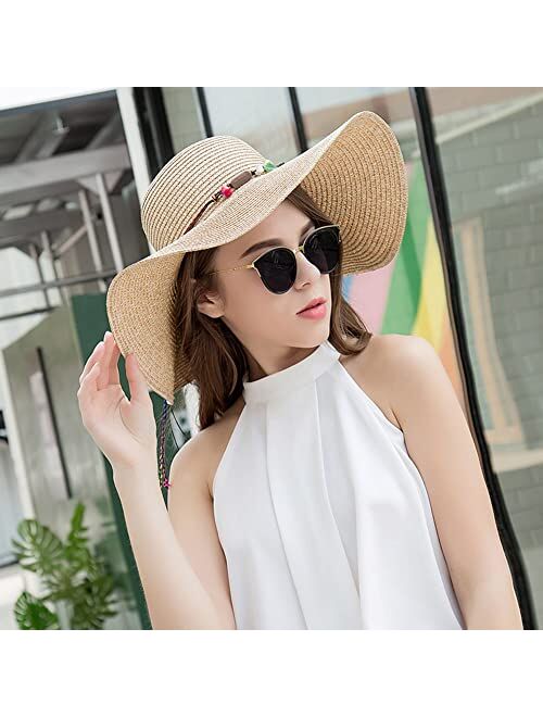 Adrinfly Women Foldable Floppy Wide Brim Straw Sun Hat Travel Packable Adjustable Summer Beach Accessories Hat UV UPF 50+