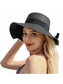 Tavaleu Sun Hat Womens - Beach Hats for Women, Womens Straw Sun Hat with Wind Lanyard Roll Up Beach Hat UV Protection Hat Foldable