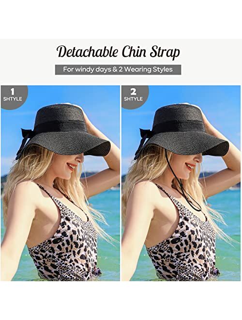 Tavaleu Sun Hat Womens - Beach Hats for Women, Womens Straw Sun Hat with Wind Lanyard Roll Up Beach Hat UV Protection Hat Foldable