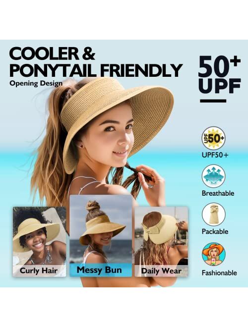 Joylivecy Beach Hats for Women, Packable Sun Hat Womens, Summer Visor Sun Hat, Straw Hats for Women UV Protection, Beach Hat for Girls