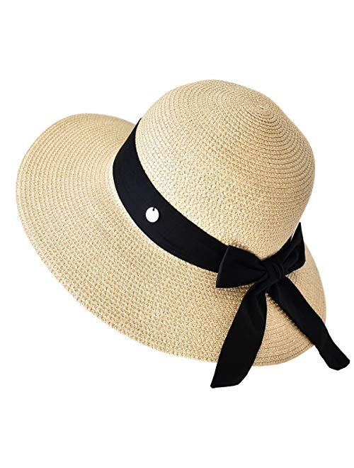 Somaler Womens Straw Sun Hats Wide Brim Foldable Beach Hats UV UPF 50+ Summer Sun Travel Hat for Women