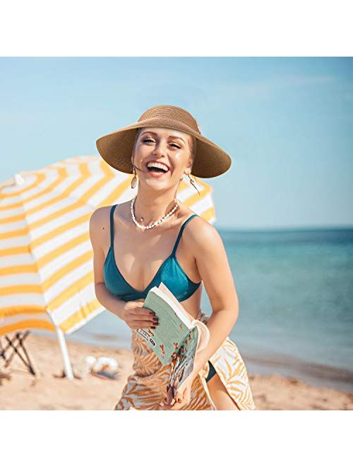 Satinior 3 Pieces Women Foldable Straw Sun Visor Wide Brim Roll up Beach Hat with Bowtie Multicoloured