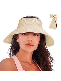 Rosoz Women's Sun Visor Hats Wide Brim Straw Beach Hat Ponytail Hats for Women Foldable Floppy