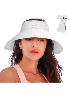 Rosoz Women's Sun Visor Hats Wide Brim Straw Beach Hat Ponytail Hats for Women Foldable Floppy