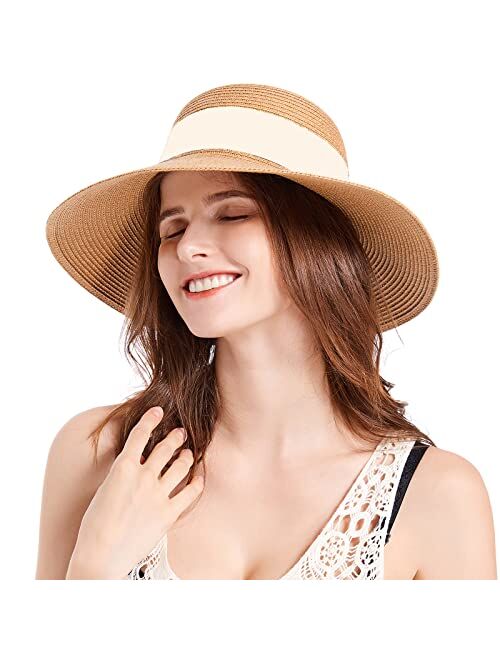Fablepeach Womens Beach Straw Panama Hat Wide Brim Foldable Fedora Sun Hats for Women UV UPF 50+