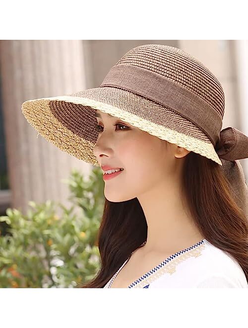 Yuankexiang Straw Sun Hats for Women Beach Summer Wide Brim Adjustable Lightweight Foldable/Packable Travel with Uv Upf50 Protection