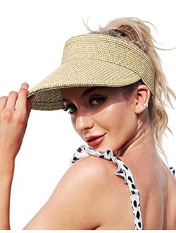 Wmcaps Straw Visor Hats for Women, Foldable Wide Brim Roll-up Beach Ponytail Hats Sun Protection for Golf (Beige and Brown)