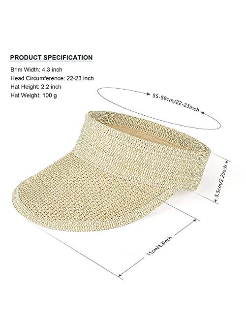 Wmcaps Straw Visor Hats for Women, Foldable Wide Brim Roll-up Beach Ponytail Hats Sun Protection for Golf (Beige and Brown)