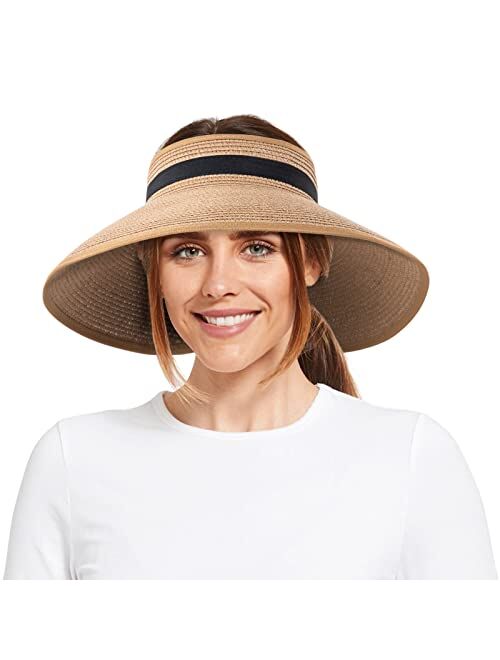 Faintey Sun Visor Hats for Women, Summer Beach Hat Wide Brim, Adjustable UV UPF50+ Protection Roll Up Ponytail Visors Hat, Travel