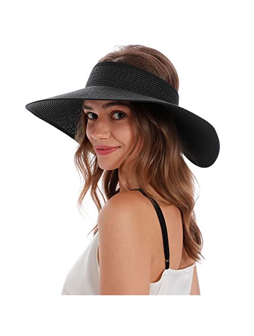 Simplicity Women's Summer Foldable Wide Brim Beach Hats Straw Sun Visor Hats