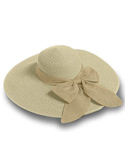 Emem Apparel Straw Sun Hat for Women, Wide Brim UPF 50+ UV Protection Cap with Bow, Foldable Packable Floppy Beach Hat with Chin Strap
