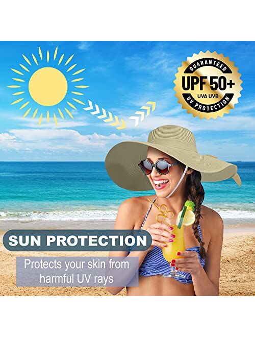 Emem Apparel Straw Sun Hat for Women, Wide Brim UPF 50+ UV Protection Cap with Bow, Foldable Packable Floppy Beach Hat with Chin Strap