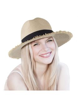 Busylittlebee Straw Sun Hat for Women Summer Beach Wide Brim UV Protection Hats with Chin Strap Travel Foldable UPF 50