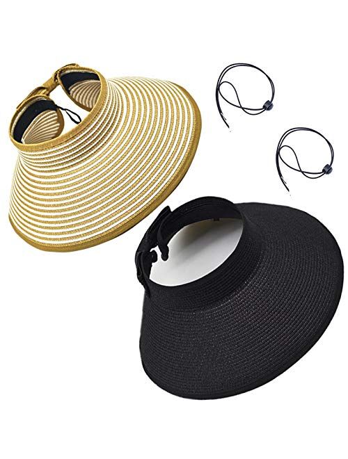 Uoudio 2 PCS Women Sun Visor Hats Beach - Foldable Roll Up Wide Brim Bowknot Summer Straw Hat Cap Cruise wear for Womens