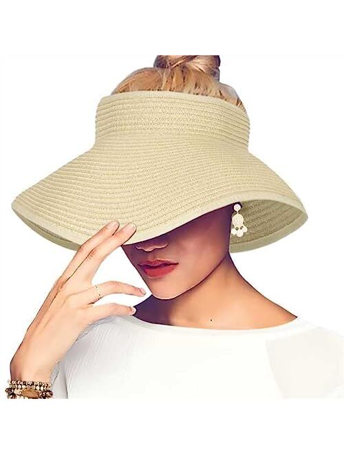 ELEHOLD Sun Visors for Women Beach Hats Wide Brim Straw Hat Roll-up Foldable Ponytail with UV Protection Summer Travel Hat