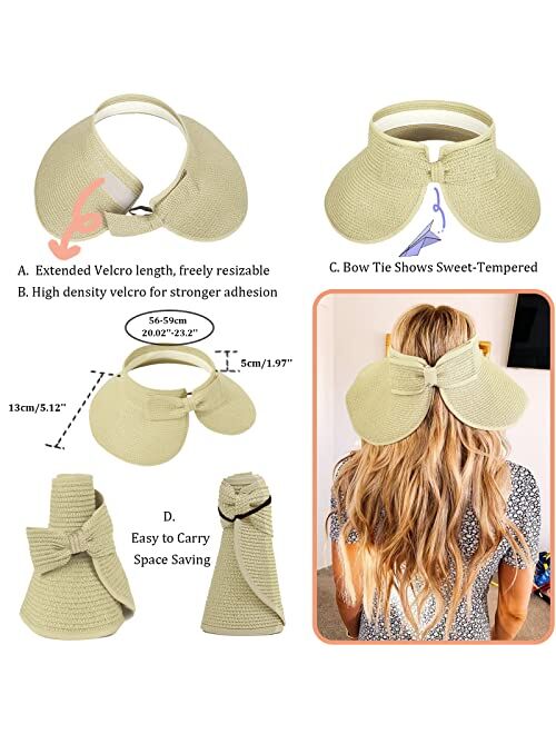 ELEHOLD Sun Visors for Women Beach Hats Wide Brim Straw Hat Roll-up Foldable Ponytail with UV Protection Summer Travel Hat