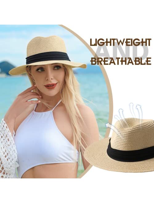 Trifabricy Womens Straw Beach Sun Hat - Wide Brim Fedora Straw Hat, Packable Panama Hat Sun Hat Beach Hat for Women Men, UPF 50+