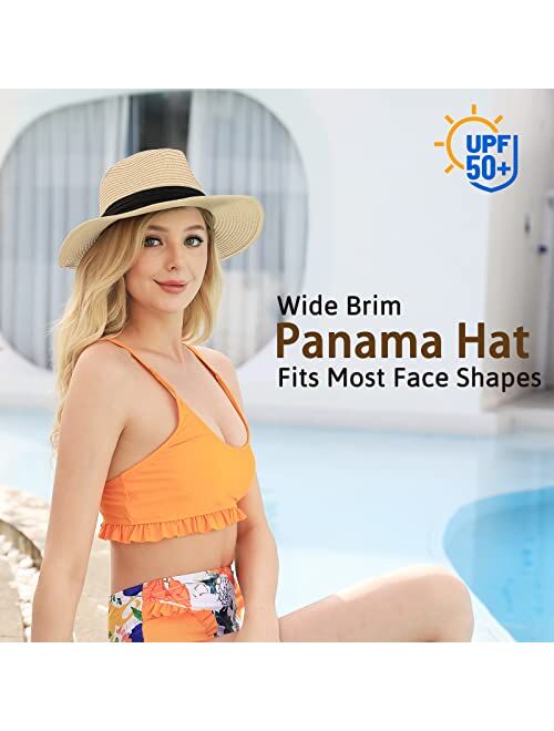Trifabricy Womens Straw Beach Sun Hat - Wide Brim Fedora Straw Hat, Packable Panama Hat Sun Hat Beach Hat for Women Men, UPF 50+