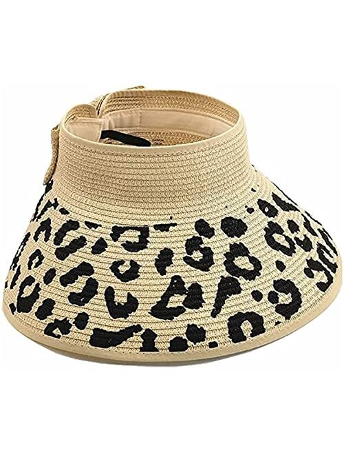 Zicotour Women Sun Visors Wide Brim Foldable Packable Ponytail Beach Hat Straw Leopard Roll Up Bow Visor Sun Hats