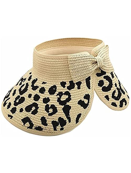 Zicotour Women Sun Visors Wide Brim Foldable Packable Ponytail Beach Hat Straw Leopard Roll Up Bow Visor Sun Hats