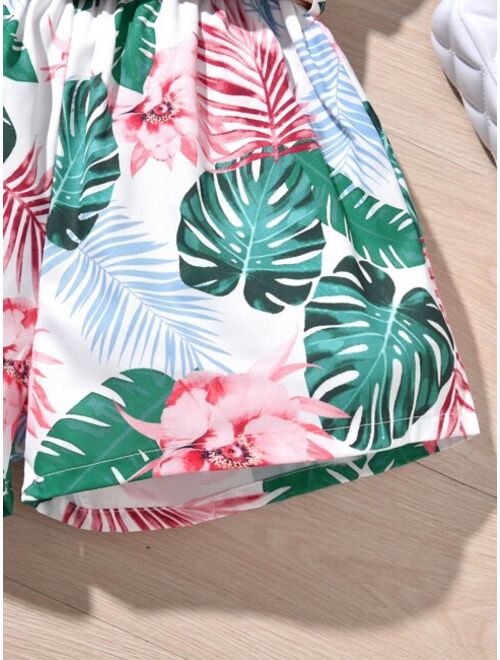 Girls Cold Shoulder Frill Trim Top Tropical Print Shorts