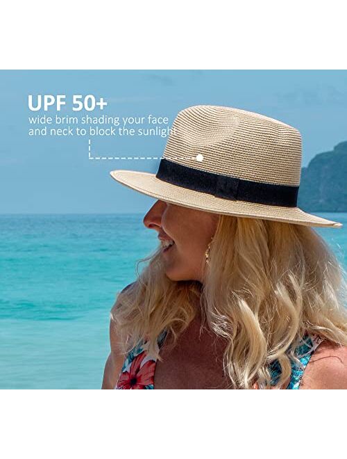 Joywant Womens Straw Fedora Beach Sun Hat, Packable Wide Brim Panama Hat for Women UV UPF50+ Summer Hat-Abby