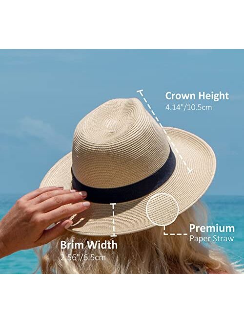Joywant Womens Straw Fedora Beach Sun Hat, Packable Wide Brim Panama Hat for Women UV UPF50+ Summer Hat-Abby
