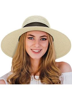 Yetagoo Women's Large Wide Brim Straw Sun Hats, Packable Bowknot Beach Sun Hats UV UPF 50+ Roll up Floopy Hat