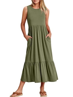 Women's Summer Casual Sleeveless Crewneck Swing Sundress Fit & Flare Flowy Tiered Maxi Dress with Pockets