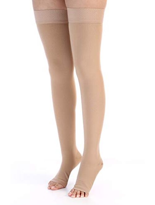 Leotruny Women Men 20-30 mmHg Support Open Toe Thigh High Compression Stockings (C01-Beige, Medium (1 Pair))