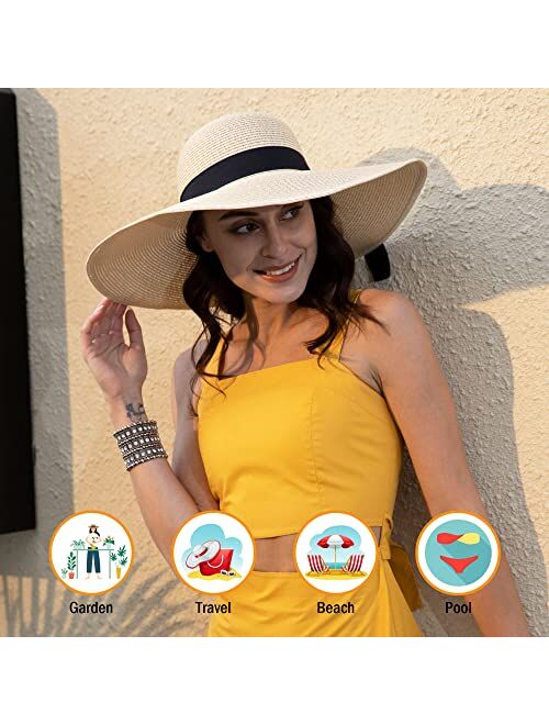 Verabella Sun Hats for Women UV Protection Wide Brim UPF 50 Foldable Floppy Straw Beach Hat with Strap