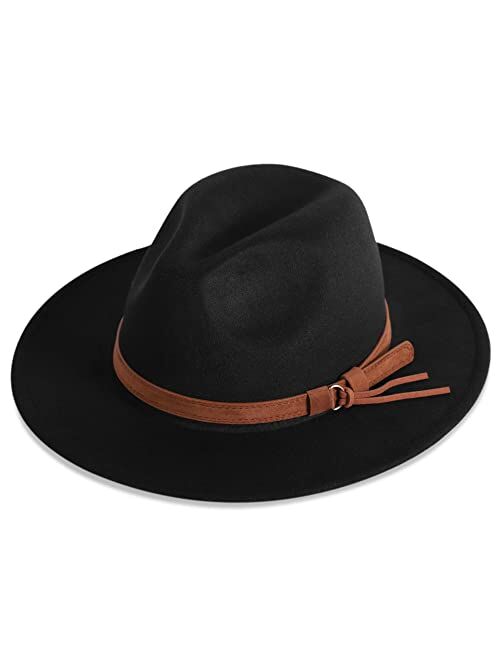 Verabella Women's Classic Wide Brim Fedora Hat Felt Panama Hat with Belt Buckle