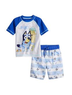 licensed character Toddler Boy Bluey Raglan Rash Guard Top & Swim Shorts Set