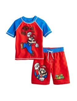 licensed character Toddler Boy Super Mario Bros. Raglan Rash Guard Top & Swim Trunks Set