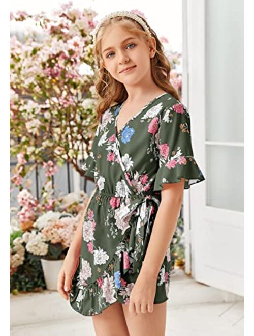 Teurkia Girl's Summer Romper Cute Tiered Ruffle Floral Printed Short Sleeve Tie Waist Jumpsuits