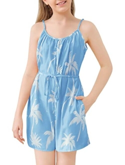 simtuor Girls Summer Tropical Romper Strappy Sleeveless Tie Front Jumpsuit with Side Pockets 6-15 Years